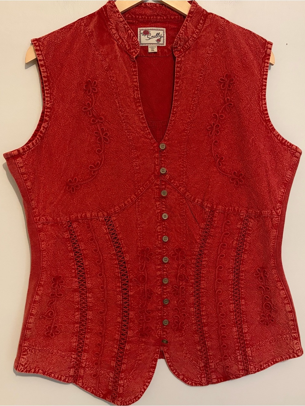 Scully Western Wear 100% Peruvian Cotton Red Embroidered Vest Top XL X-Large